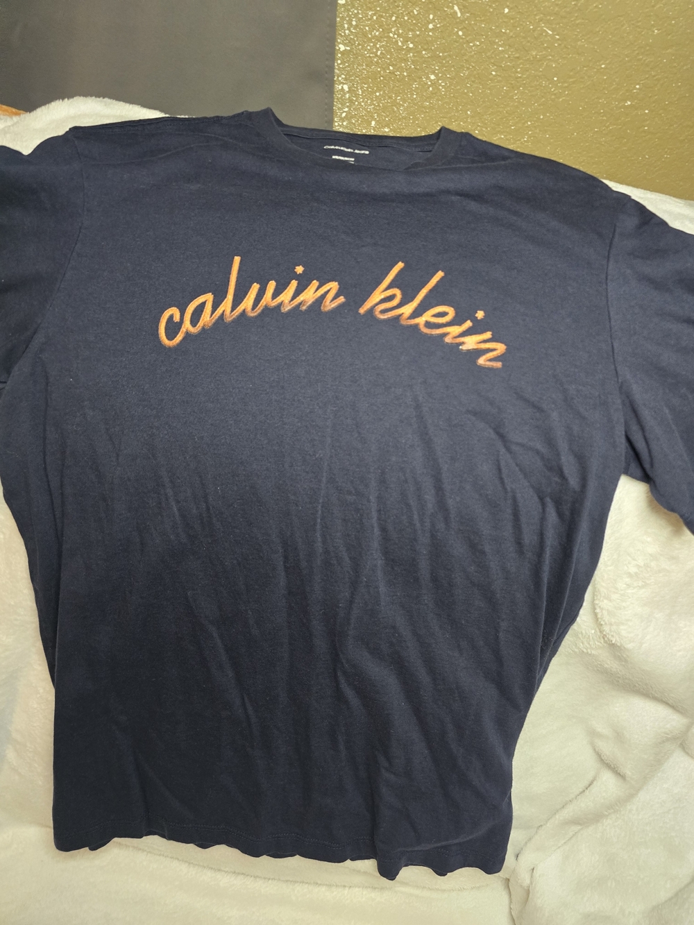 Calvin Klein Jeans Navy Tee with Orange Script Size XS